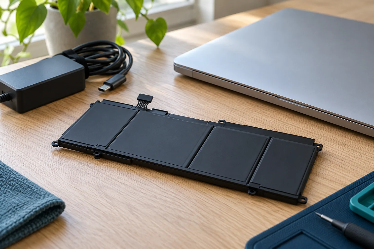 Illustratieve losse laptopaccu naast een laptop en adapter