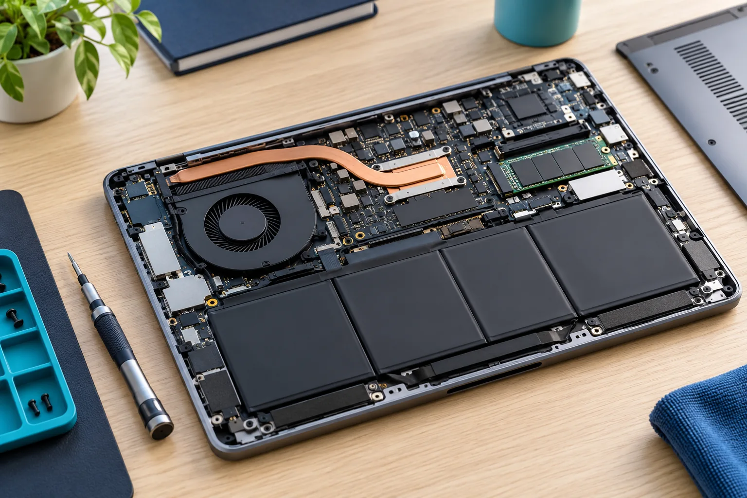 Illustratie van werkzaamheden aan een geopende laptop