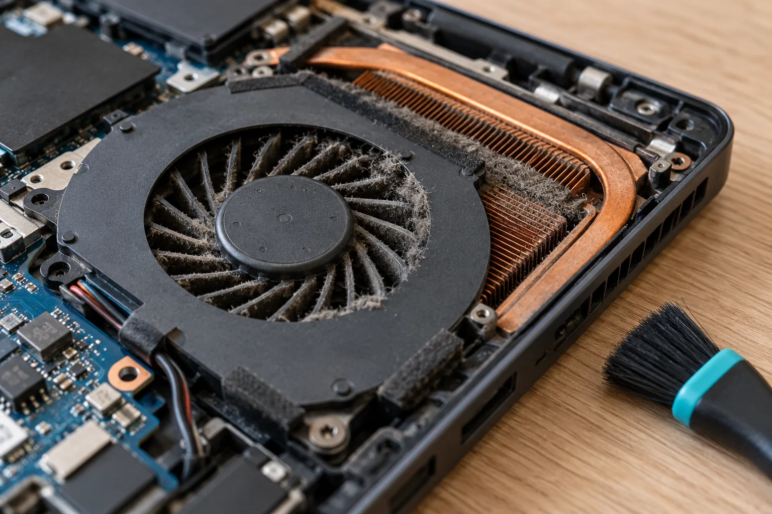 Illustratief detail van een stoffige laptopventilator en koelribben