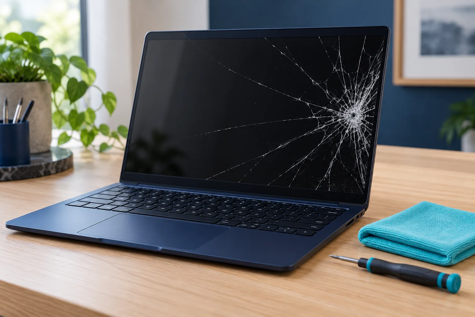 Illustratieve laptop met een gebarsten scherm