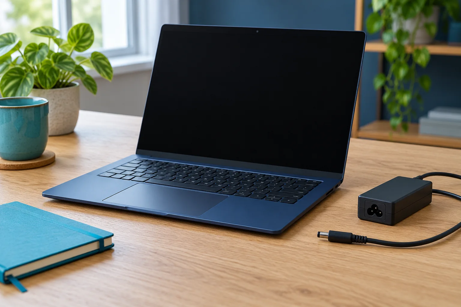 Illustratieve laptop met zwart scherm en losse voedingsadapter