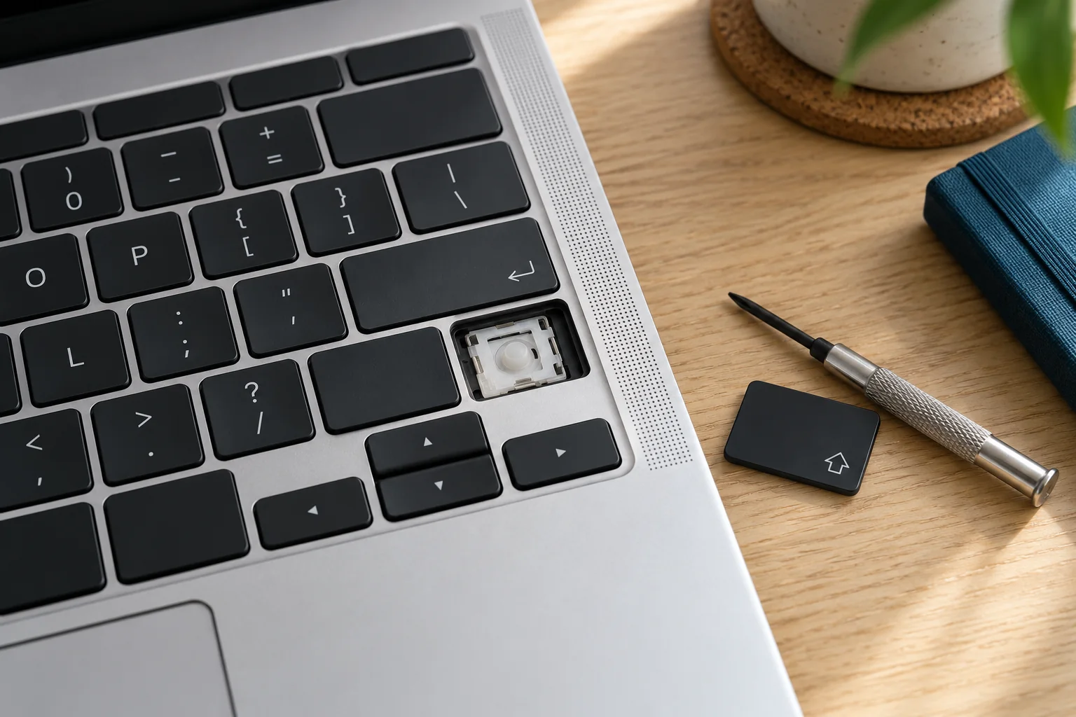Illustratieve laptop met een ontbrekend toetskapje en precisiegereedschap