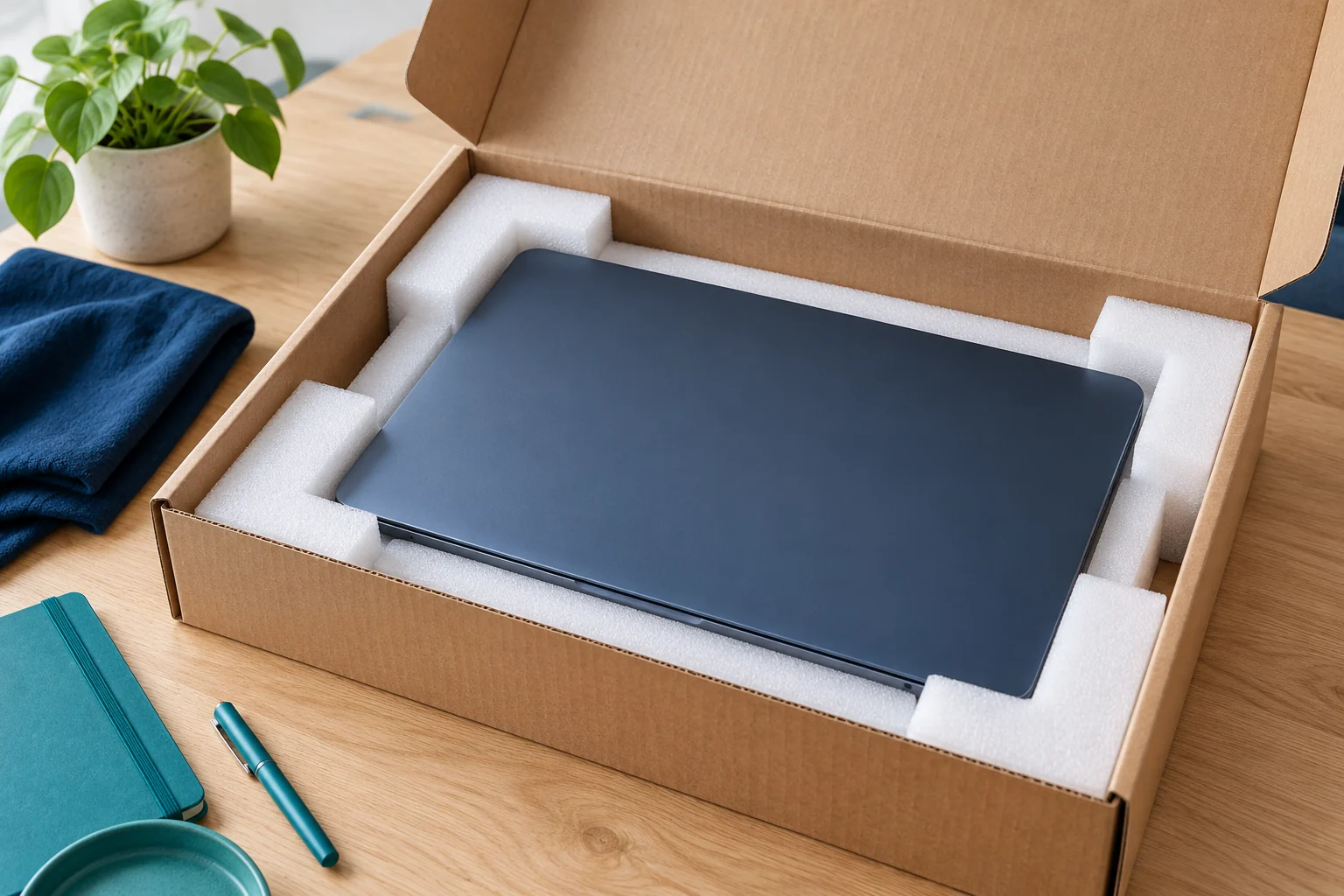 Illustratie van een gesloten laptop in een doos met beschermend verpakkingsmateriaal